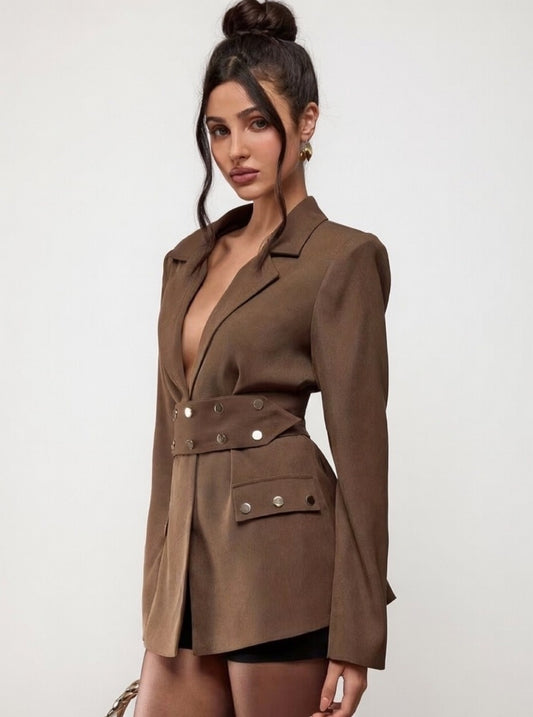 Elegant Women's Blazer with Belt and Studs