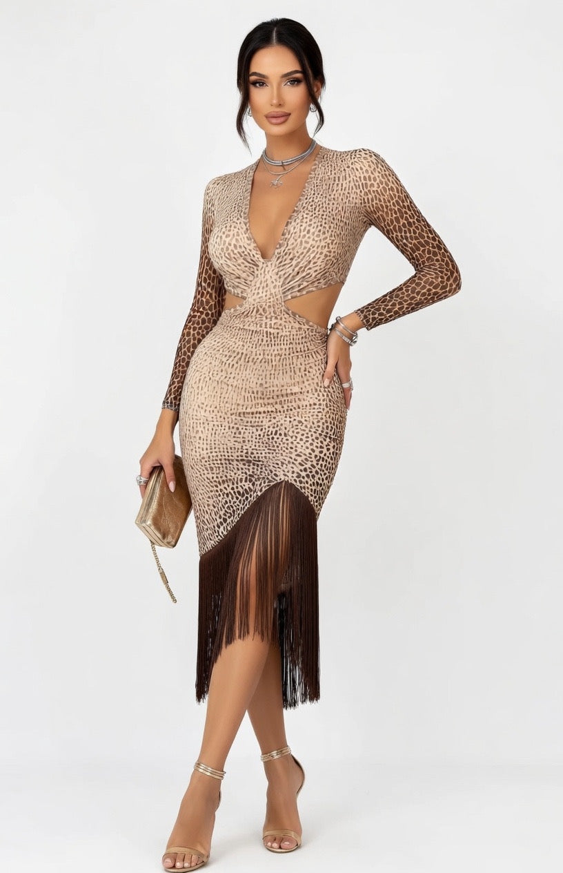 Elegant Leopard Print Party Dress with Tassel Hem